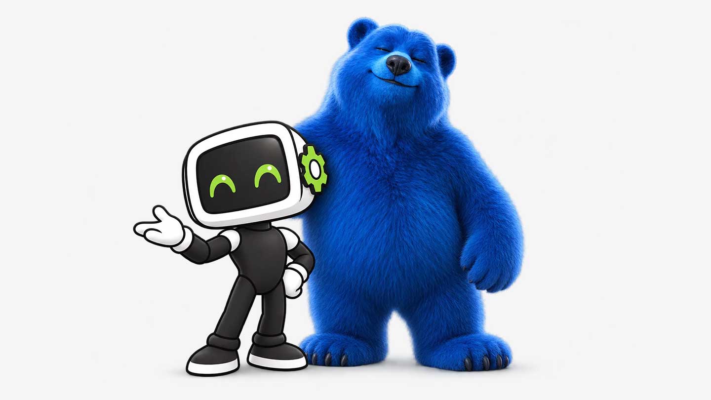 o2-contratar-madrid-ofertas-2026 La mascota de PCMADRID junto al oso azul de O2