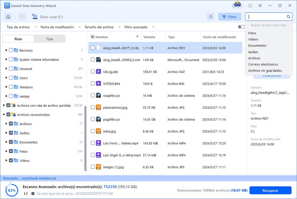 EaseUS Data Recovery Wizard escaneando archivos eliminados