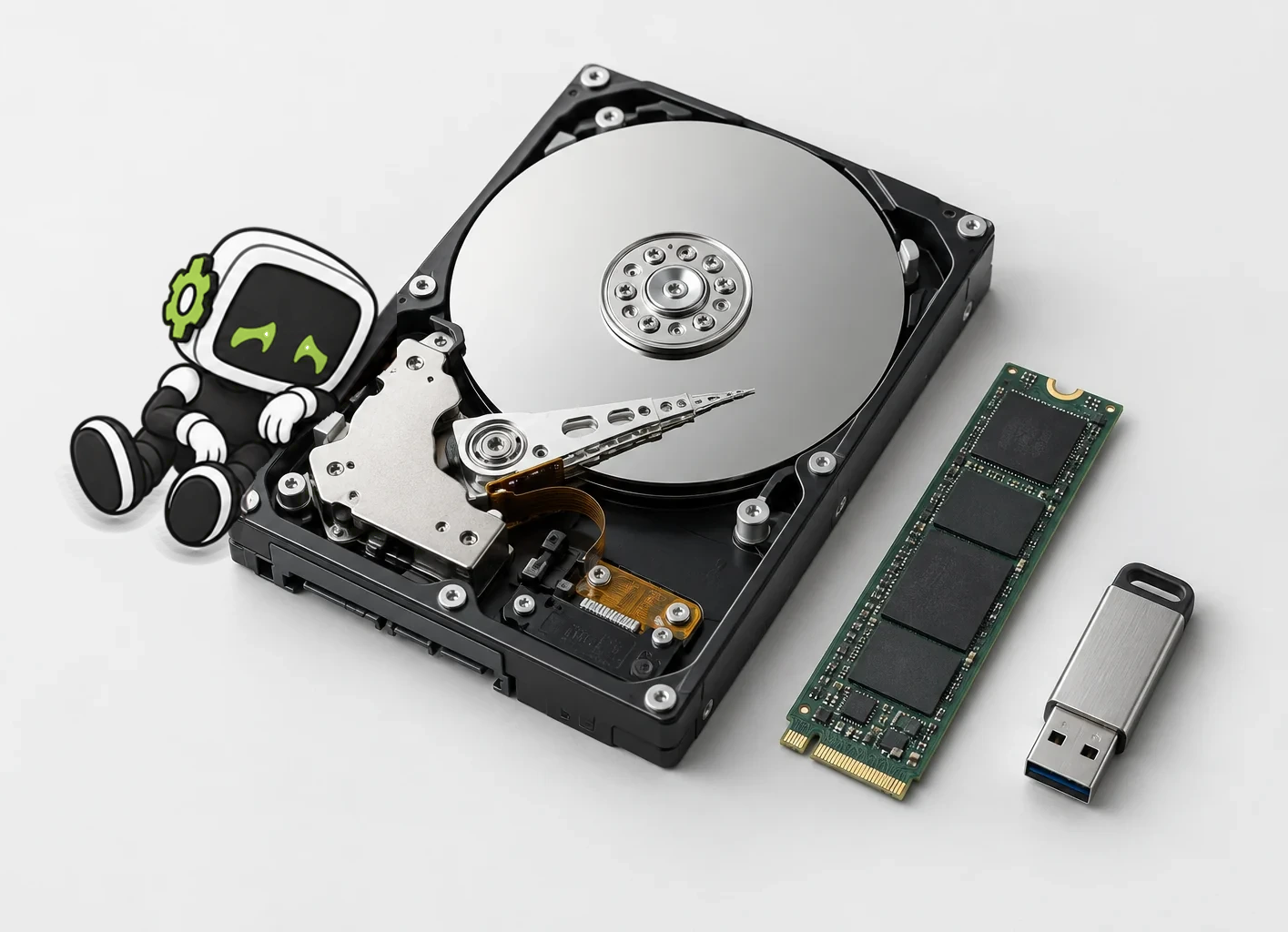 Disco duro abierto, unidad SSD y memoria USB. Imagen ilustrativa de soportes de almacenamiento.