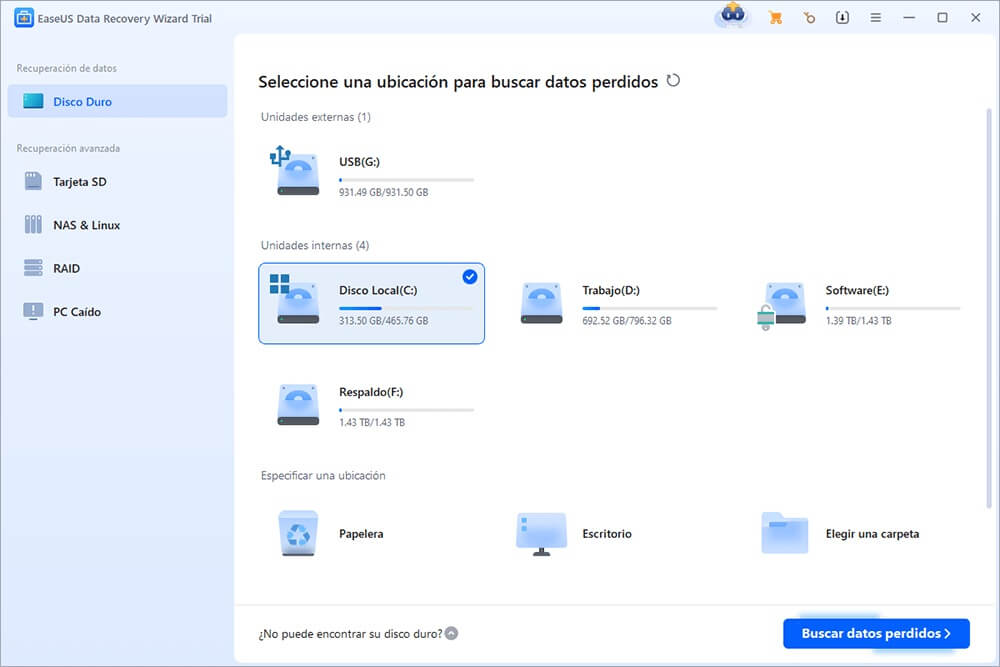 Selección de la unidad de destino en EaseUS Data Recovery Wizard