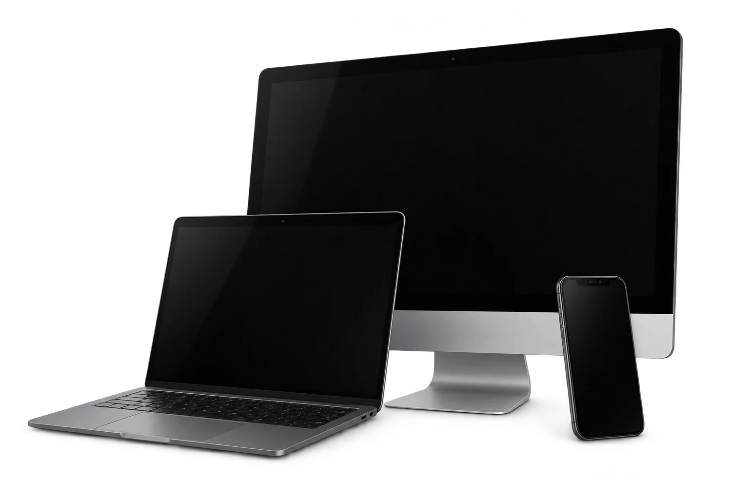 iMac, MacBook y iPhone con las pantallas apagadas.