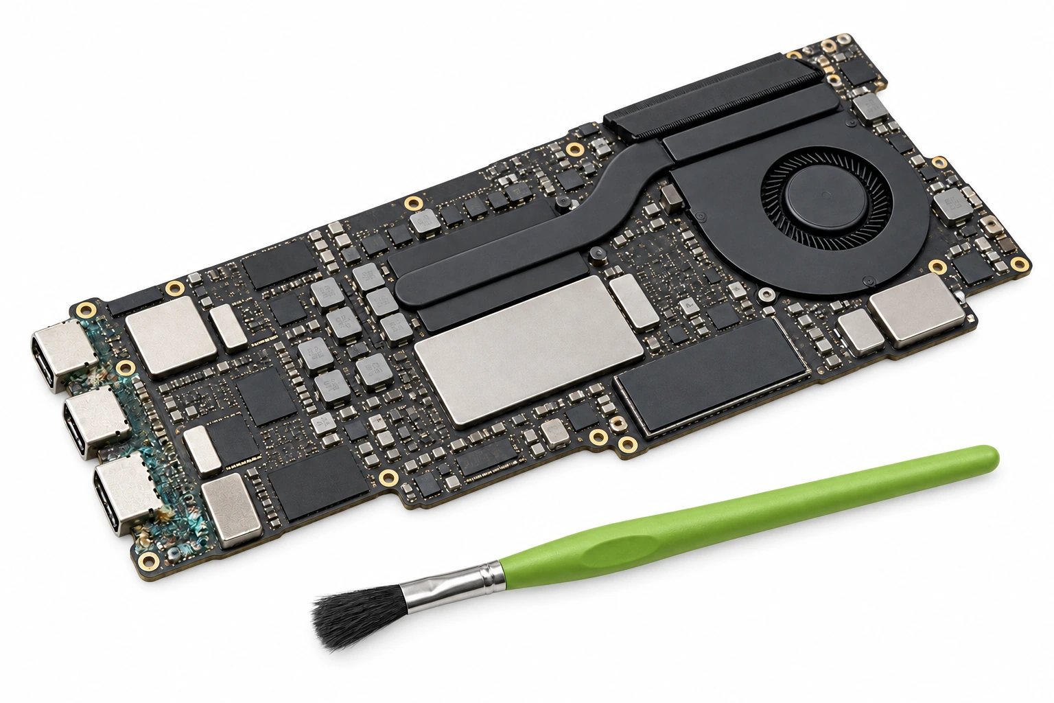 Placa de MacBook con signos de humedad y pincel de limpieza.