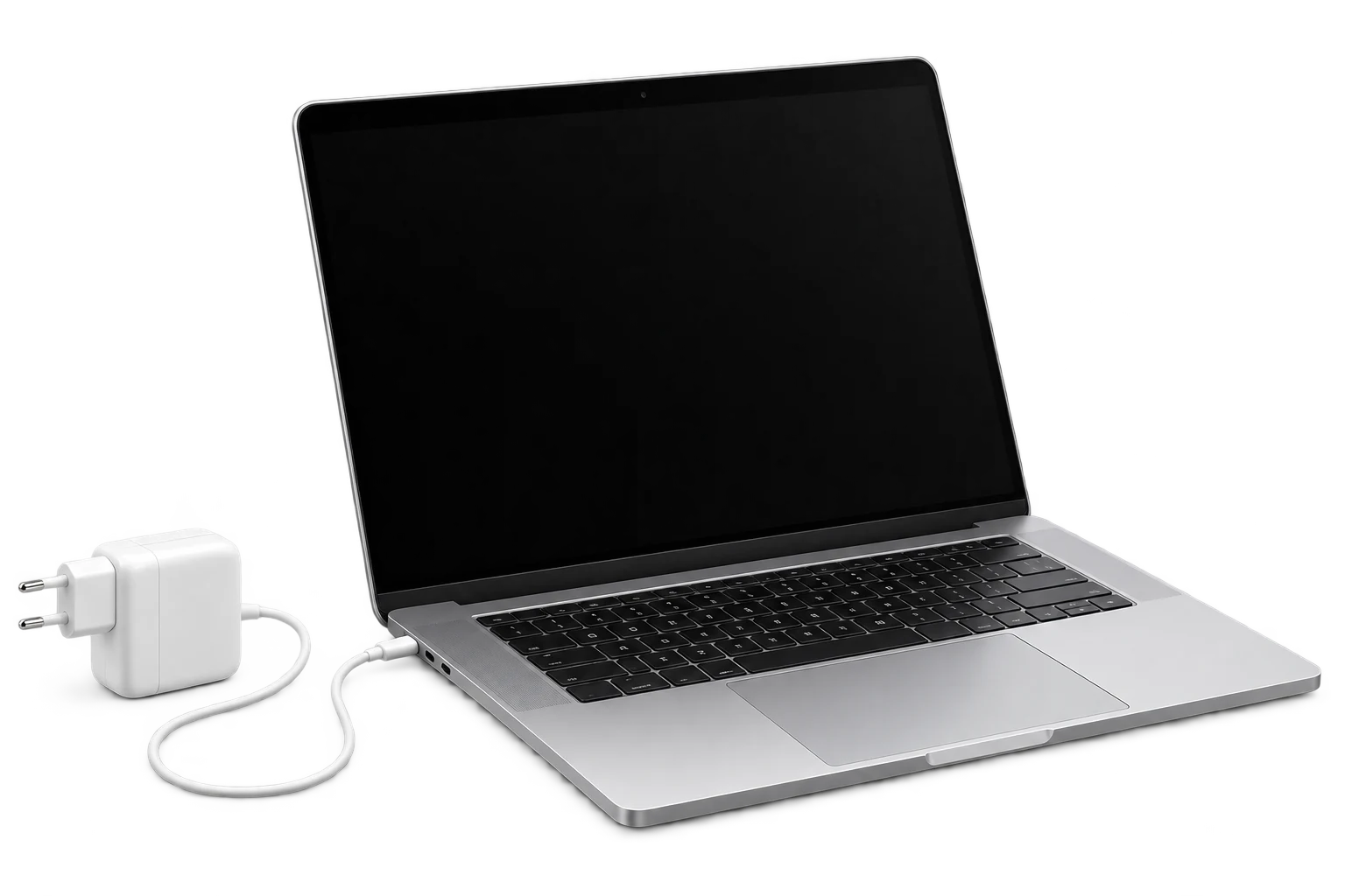 MacBook apagado junto a su adaptador de corriente.