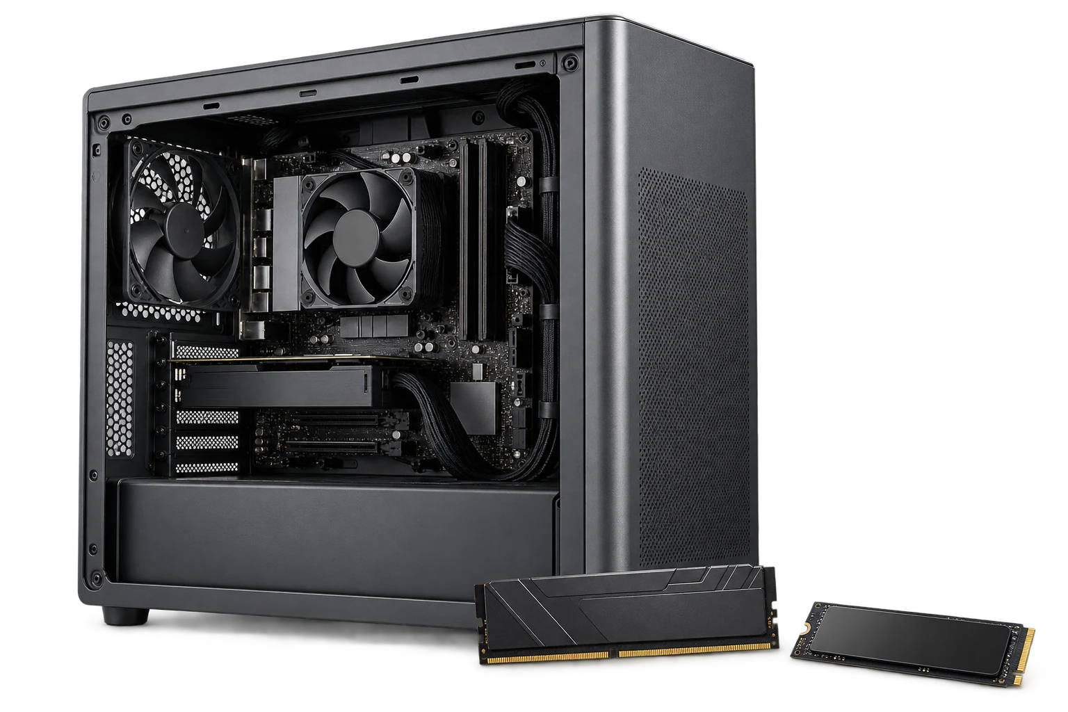 Ordenador de sobremesa abierto junto a memoria RAM y SSD.