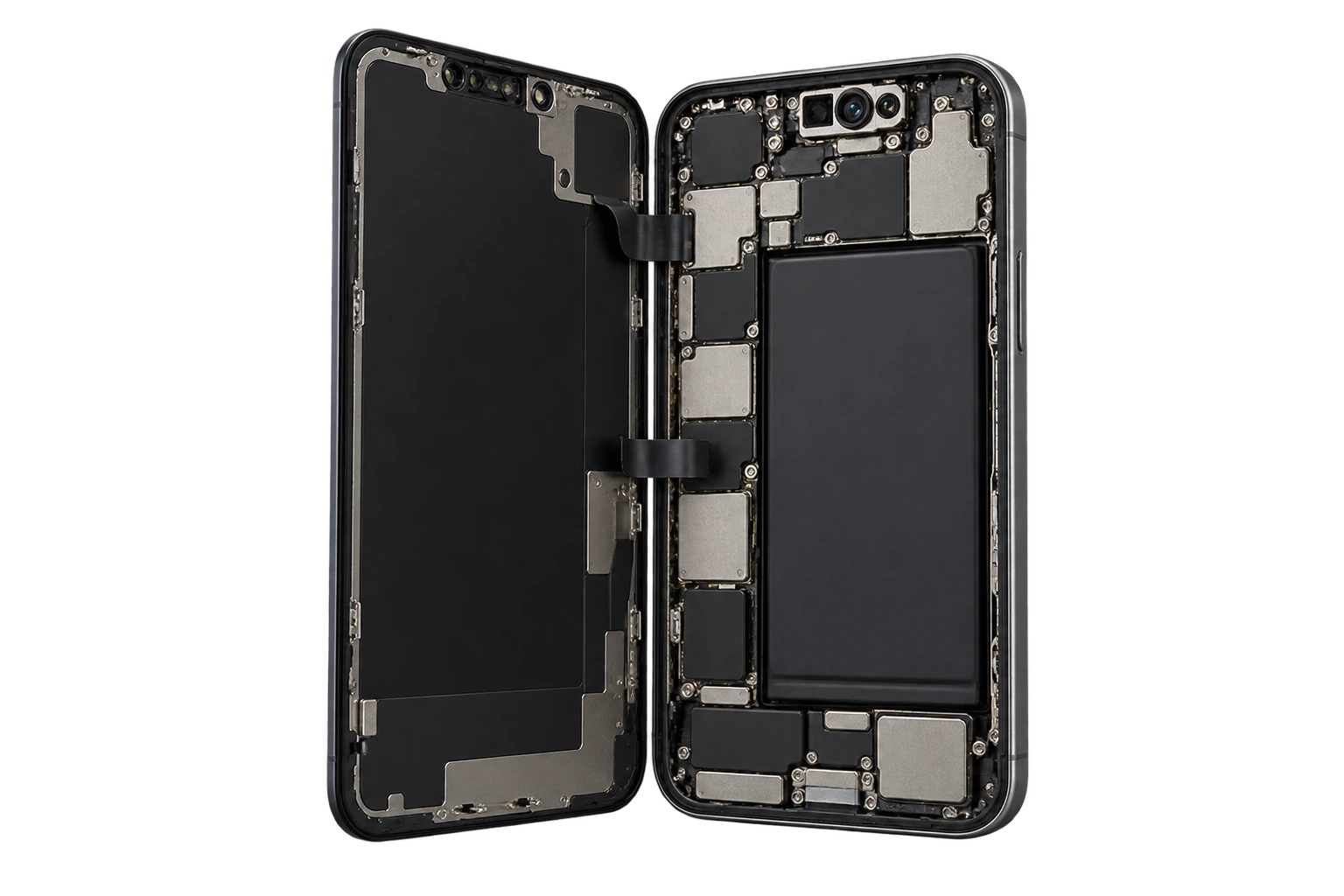 iPhone abierto con pantalla, batería y placa visibles.
