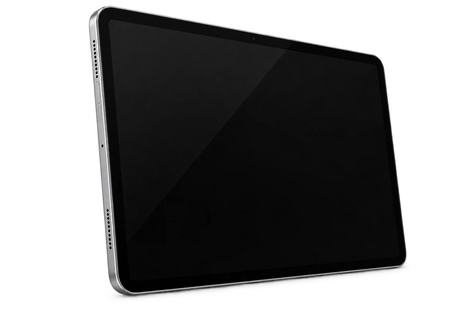 iPad con la pantalla apagada, visto en perspectiva.