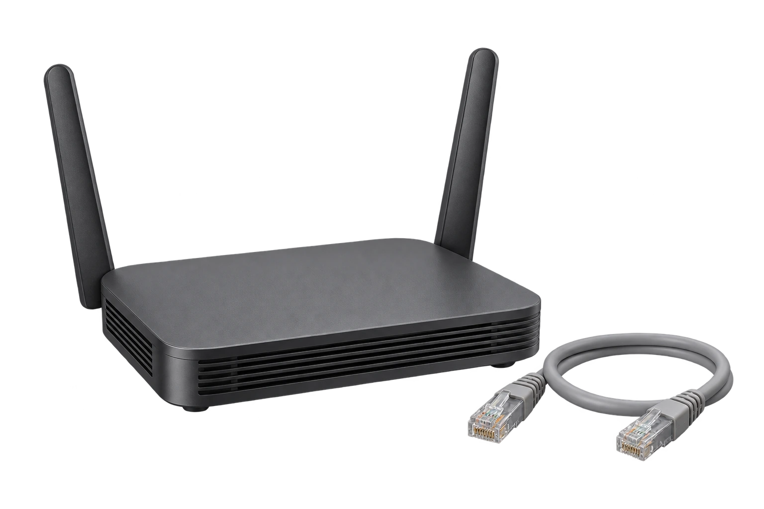 Router doméstico junto a un cable de red.