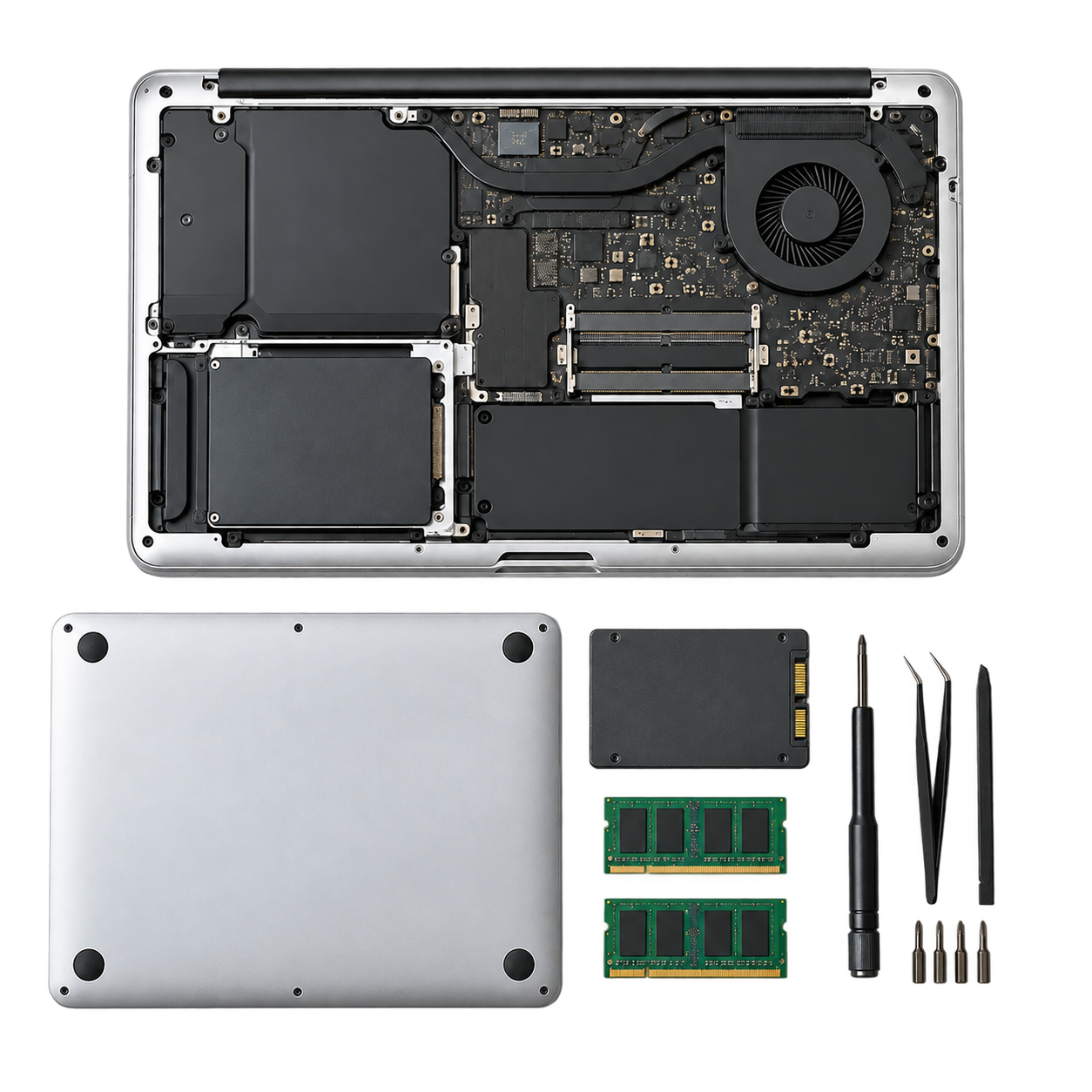 Interior de un portátil, unidad SSD, memoria RAM y herramientas. Imagen ilustrativa de una ampliación.