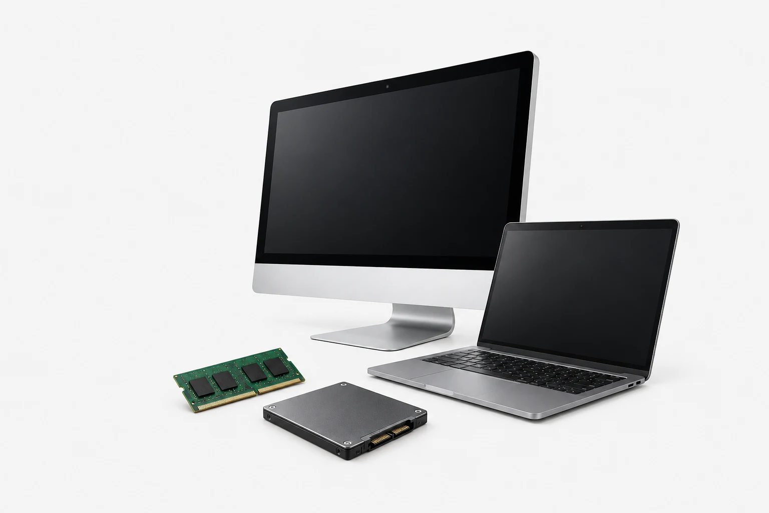 Equipo de sobremesa, portátil, módulos de memoria RAM y unidad SSD. Imagen ilustrativa de ampliaciones compatibles.