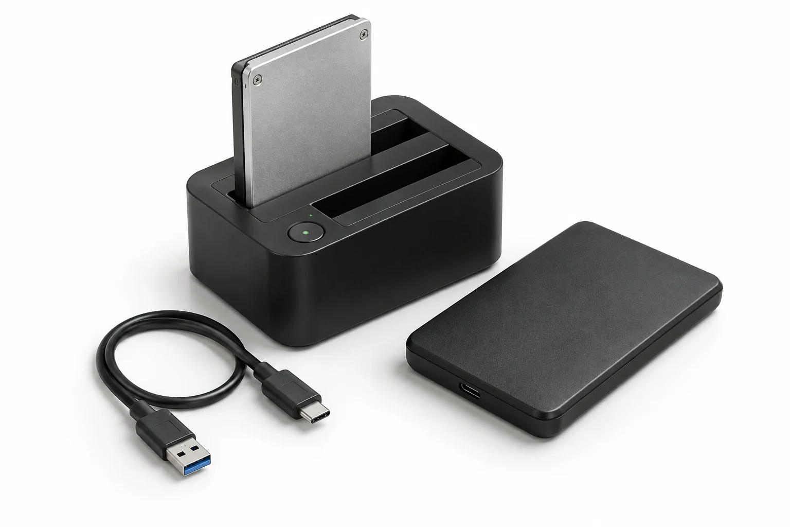 Base de conexión, SSD y disco externo. Imagen ilustrativa del servicio de recuperación de datos.