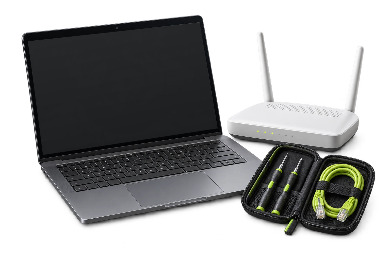 Portátil, router y herramientas de asistencia informática a domicilio